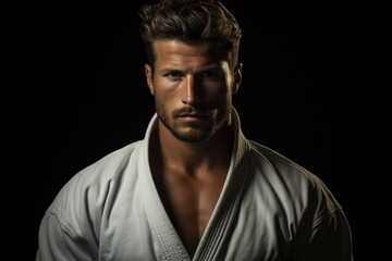 Obraz premium Male wrestler athlete in a kimono. Judo, jiu jitsu or sambo trainer on a black background
