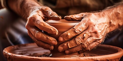 Expert Potter making exquisite clay art with Handmade Pot Design - Closeup Human Hands Creating Pot - obrazy, fototapety, plakaty