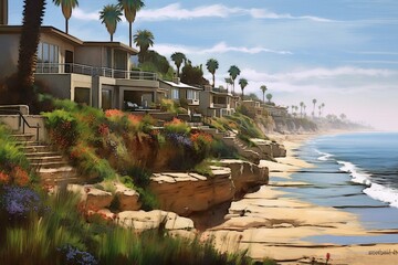 Scenic coastal dwellings in Encinitas, San Diego, CA, USA. Generative AI - obrazy, fototapety, plakaty