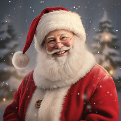 Portrait of happy Santa Clouse in the winter forest for Christmas design. New Year greeting.