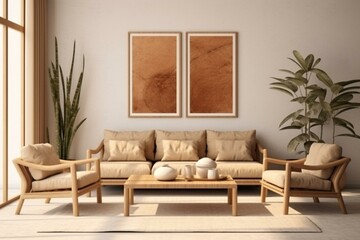 Home interior with frame, beige room, wooden furniture, Scandinavian style, front view. Generative AI