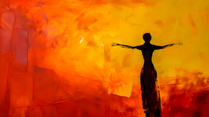 Silhouettes of human standing and dancing in the warm glow of the flames oil painting style