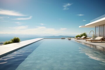 Fototapeta na wymiar A modern swimming pool and patio with a stunning view of the sea. Generative AI