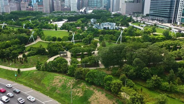 Aerial view over traffic on the Highway 41 and the Maggie Daley Park, in Chicago