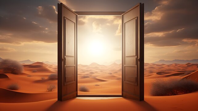 Opened door on desert. Unknown and start up concept. generative ai