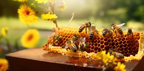 Bees crawl on honeycombs with honey in a beautiful meadow with flowers.