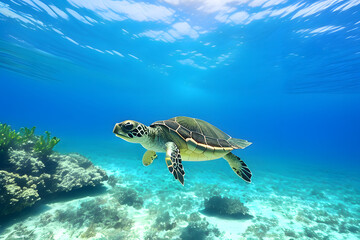 Fototapeta premium green sea turtle swimming, Generative AI 