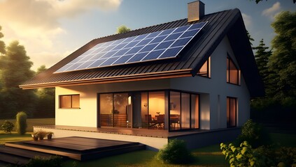 House with solar panels on the roof. Sustainable and clean energy at home. Generative AI - obrazy, fototapety, plakaty