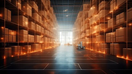 Futuristic Warehouse, Illuminated Aisles and Automated Logistics. generative ai
