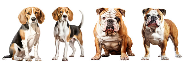 Beagle and english bulldog, sitting and standing. Isolated on transparent background