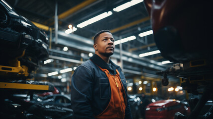 Male industrial worker is checking to car frame in automotive assembly plant,AI generative