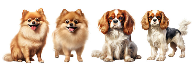 Pomeranian and cavalier king charles spaniel dog, sitting and standing. Isolated on transparent background