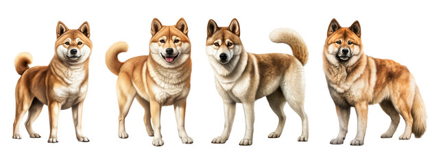 Shiba inu and akita dog, sitting and standing. Isolated on transparent background