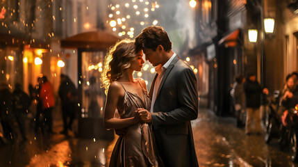 ladies and gentlemen Standing happily embracing each other in the city as the sun sets.