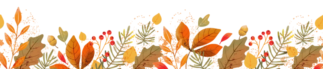 Foto op Plexiglas Autumn floral border. Seamless horizontal pattern with hand drawn watercolor leaves. Decoration for Fall, Thanksgiving and Harvest Day design. Vector © Feodora_21
