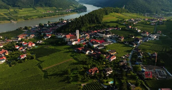 Panoramic aerial orbit above idyllic countryside town of Spitz, Austria in fertile Wachau Valley