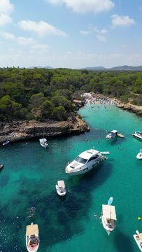Aerial view of Cala Sa Nau: a paradise beach in Palma de Mallorca, Spain, Mediterranean Sea