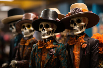 Decorated skeletons in national costumes for Day of the dead