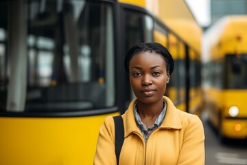 Black woman bus driver. Student truck. Generate Ai - obrazy, fototapety, plakaty