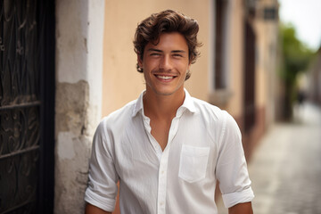 Portrait of handsome smiling young man outdoors