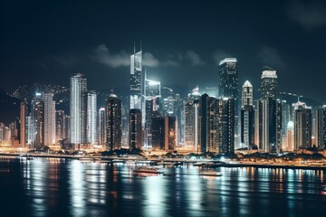 Nighttime view of towering buildings in Chongqing city. Generative AI