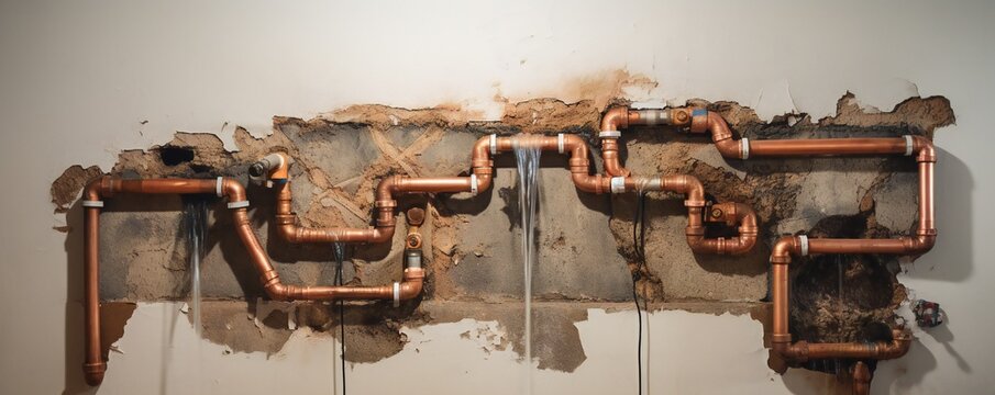 Plumbing pvc and copper pipes behind the damaged wall with a hole in it Generative AI