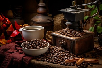 Traditional coffee preparation, freshly roasted beans, flavorful and invigorating, perfect breakfast companion. Generative AI