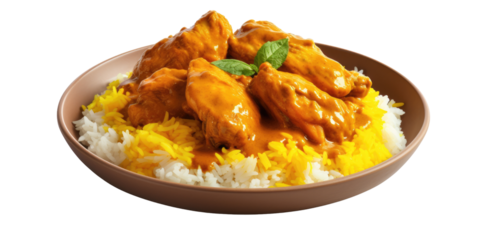 Сhicken curry with rice. Isolated on transparent background.