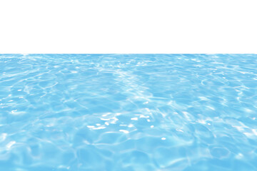 Defocus blurred transparent blue colored clear calm water surface texture with splashes reflection. Trendy abstract nature background. Water waves in sunlight with copy space. Blue watercolor shine.