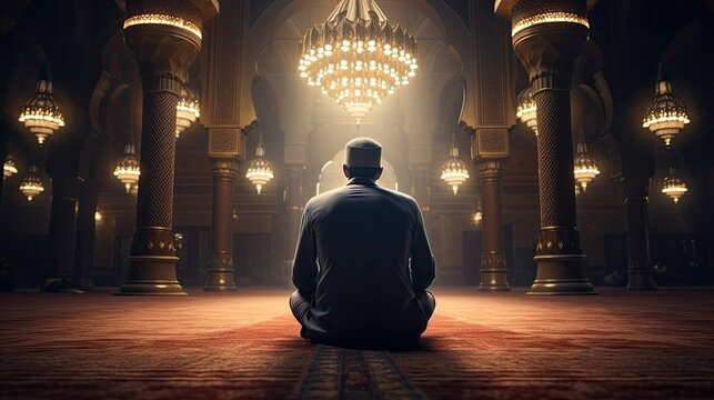 back view muslim man praying in a mosque
