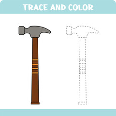 Activity worksheet with trace and color educational game for kids.  Handwriting practice for preschoolers.  Coloring page for children. Tracing hammer.