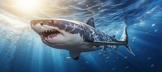 White shark full of wounds Generative AI technology.	
 - obrazy, fototapety, plakaty