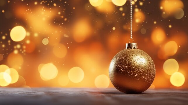 Photo of a golden Christmas ornament hanging from a string, adding a touch of elegance to the holiday decor
