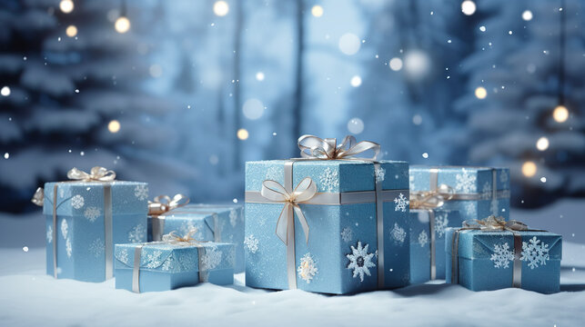 Decorated winter Christmas gifts, presents in boxes on wooden table, white Christmas in the snow, golden packaging with snowflakes | Generative AI