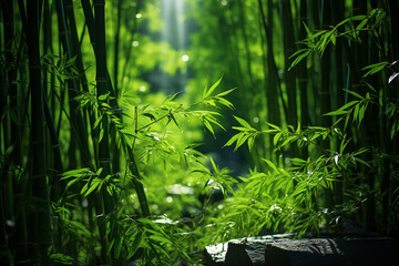 Generative AI Image of Green Nature Background with Bamboo Trees and Foliage in Forest