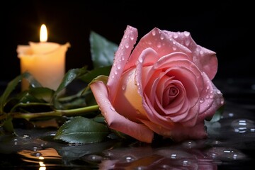 Fototapeta na wymiar Pink rose, candles, sympathy, condolence, all souls day. Generative AI