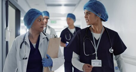 Doctors, nurses and people walking, teamwork or planning healthcare, clinic management and talking of ideas. Medical worker, surgeon and mentor support, hospital feedback and checklist or charts