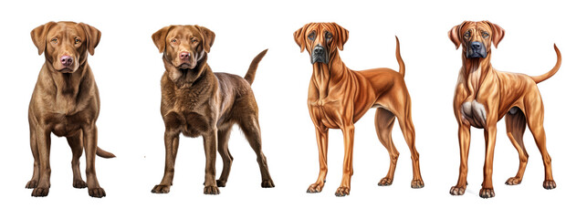 Chesapeake bay retriever and rhodesian ridgeback dog, sitting and standing. Isolated on transparent background