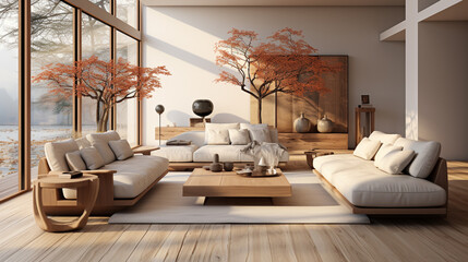 Modern villa living room design interior, beige furniture, bright walls, hardwood flooring. ai