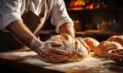closeup focusing on a baker's hands as they skillfully knead the dough