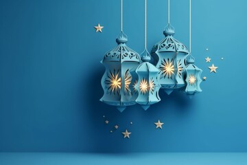 Lanterns decorate a blue background, creating a festive greeting card with a 3D rendering. Generative AI