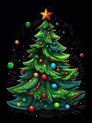 Cartoon Christmas Tree Illustration, Generative AI