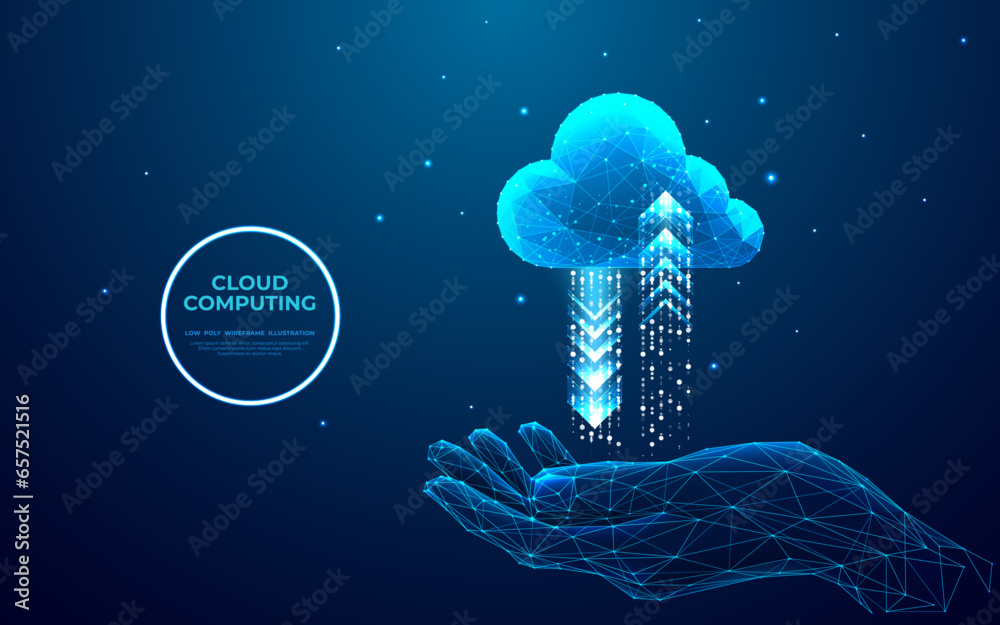 Poster  Abstract businessman holds a digital cloud computing icon with arrows up and down and connects to cloud data technology. Cloud computing concept. Low poly vector illustration in futuristic style.