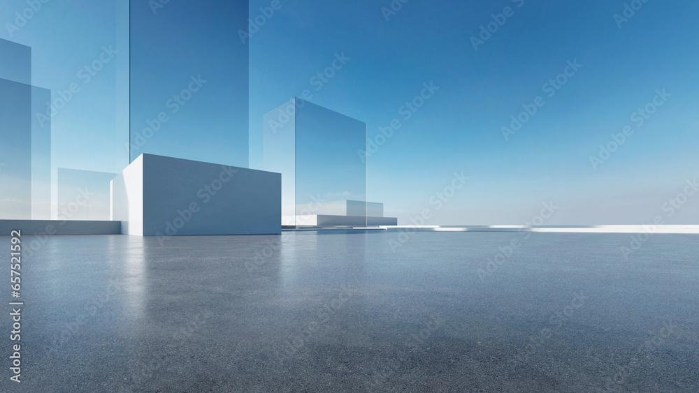 Poster 3d render of abstract futuristic glass architecture with empty concrete floor.