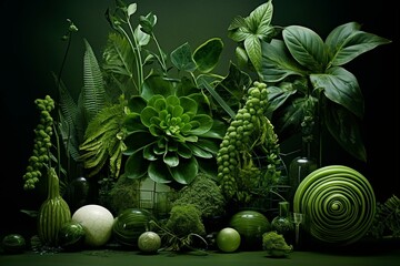 An aesthetic composition with natural forms and green shades. Generative AI