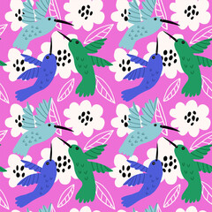 Floral Hummingbird Seamless Kids Pattern. Childish Vector background for textile, fabric, wallpaper