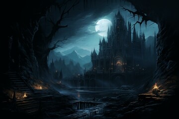 Fantasy illustration; dark cathedral; night theme. Generative AI - obrazy, fototapety, plakaty