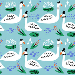 Swan Birds Seamless Kids Pattern. Childish Vector background for textile, fabric, wallpaper
