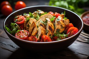Grilled chicken salad with tomatoes and herbs in a bowl