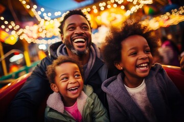 Father and daughters having fun and enjoying the amusement park - obrazy, fototapety, plakaty